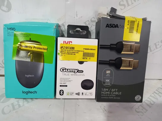 BOX OF APPROXIMATELY 15 ASSORTED ELECTRICAL ITEMS TO INCLUDE ASDA TECH HSMI CABLE, JVC GUMY TRUE WIRELESS HEADPHONES, LOGITECH M90 CORDED MOUSE, ETC