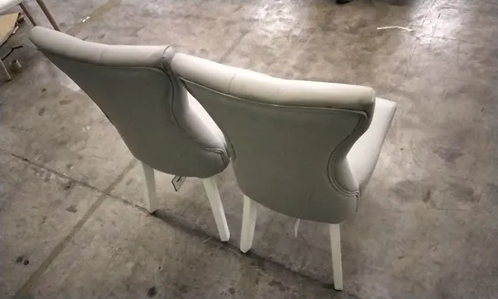 PAIR OF BEWLEY LIGHT GREY LEATHER BUTTON BACK DINING CHAIRS WITH WHITE LEGS