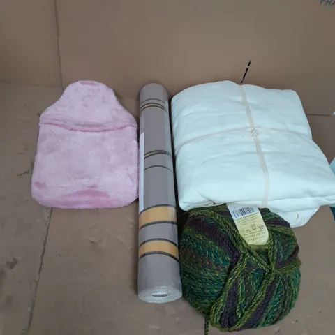 LARGE QAUNTIITY OF ASSORTED HOUSEHOLD ITEMS TO INCLUDE HOT WATER BOTTLE, WALLPAPER AND YARNS OF WOOL