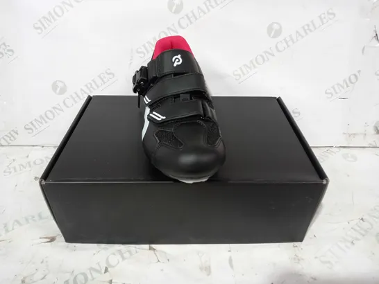 BOXED PAIR OF PELOTON CYCLING SHOES IN BLACK/RED EU SIZE 38