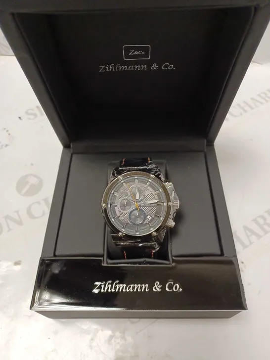 ZIHLMANN & CO GREY TRIPLE DIAL BLACK LEATHER STRAP WATCH