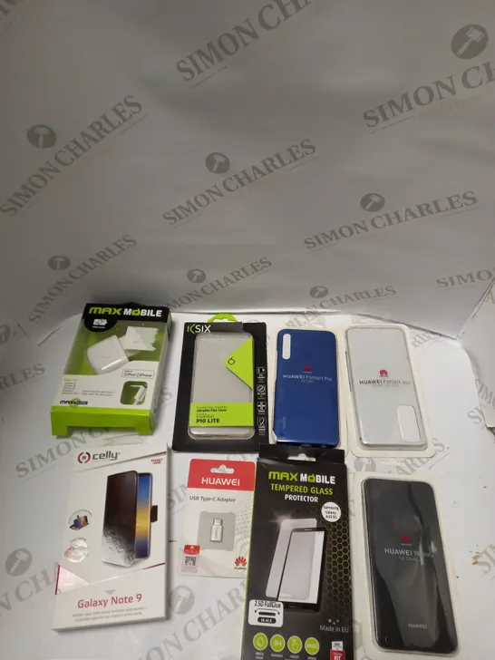 BOX OF APPROXIMATELY 40 ASSORTED PHONE ACCESSORIES TO INCLUDE LIGHTNING CHARGER, TEMPERED GLASS PROTECTOR, GALAXY NOTE 9 CASE ETC