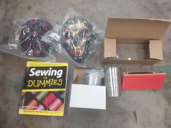 PALLET OF ASSORTED ITEMS INCLUDING MASKS, SEWING FOR DUMMIES, SHARPENING TOOLS, 2PCS METAL CUPS