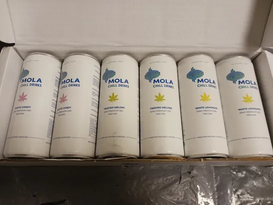 6 MOLA CHILL CBD DRINKS TO INCLUDE WHITE LEMONADE, TWISTED MELONS, WHITE CANDY (6 x 250ml) - COLLECTION ONLY