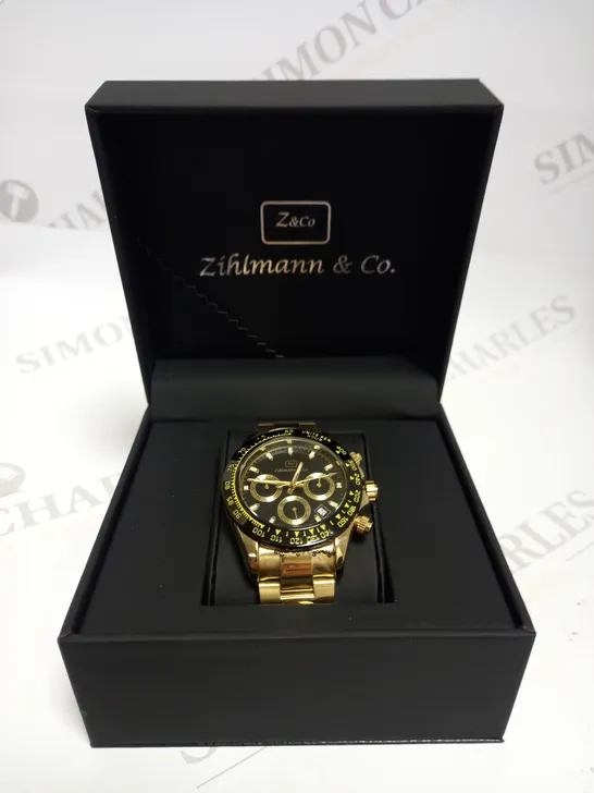 MENS ZIHLMANN & CO Z400 WATCH – CHRONOGRAPH MOVEMENT – STAINLESS STEEL GOLD EFFECT STRAP – BLACK DIAL – 3ATM WATER RESISTANT 