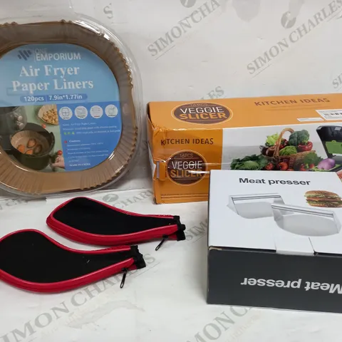BOX OF APPROXIMATELY 10 ASSORTED ITEMS TO INCLUDE VEGGIE SLICER, MEAT PRESSER, AIR FRYER PAPER ETC