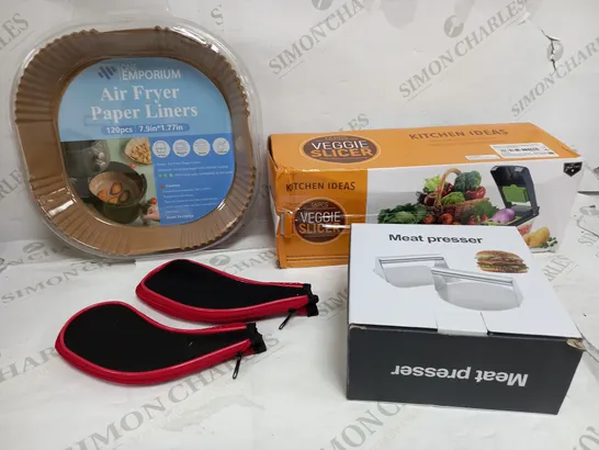 BOX OF APPROXIMATELY 10 ASSORTED ITEMS TO INCLUDE VEGGIE SLICER, MEAT PRESSER, AIR FRYER PAPER ETC