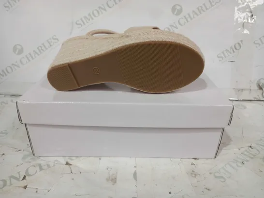 BOXED PAIR OF DESIGNER OPEN TOE WEDGES IN BEIGE EU SIZE 38