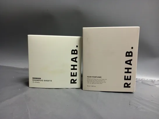 2 BOXED REHAB HAIRCARE PRODUCTS TO INCLUDE HAIR PERFUME INFUSED WITH ROSEMARY AND CASTOR OIL 50ML, SHAMPOO SHEETS 