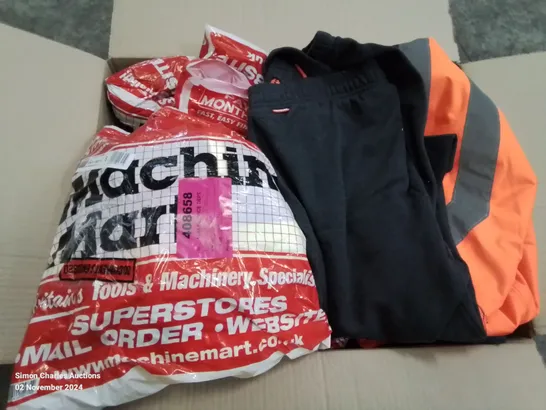 BOX CONTAINING X2 REGATTA PROFESSIONAL HI VISIBILITY JACKETS AND WORK PANTS