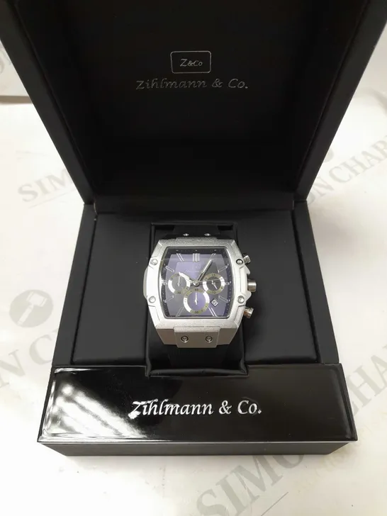 ZIHLMANN & CO BLUE TRIPLE DIAL STUD RUBBER STRAP WATCH