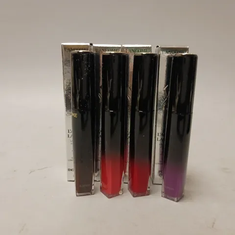 4 BOXED LANCOME L'ABSOLU LACQUER LONGWEAR LIP COLOUR IN VARIOUS SHADES 