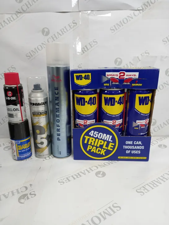 BOX OF APPROX 10 ASSORTED LIQUIDS TO INCLUDE - WD-40 TRIPLE PACK, MENS HAIRSPRAY, 3-IN-1 OIL ETC
