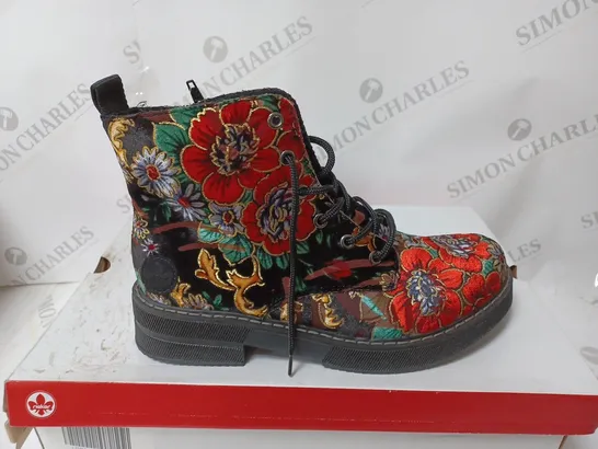 BOXED PAIR OF RIEKER LACE UP BOOTS MULTI/FLORAL PATTERN - SIZE 5 