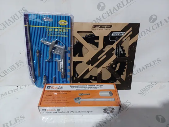 BOX OF APPROXIMATELY 15 ASSORTED VEHICLE PARTS AND ACCESSORIES TO INCLUDE BRACKET UNIVERSAL SOCKET & WRENCH SET, QUALITY 3-WAY AIR DUSTER, ETC