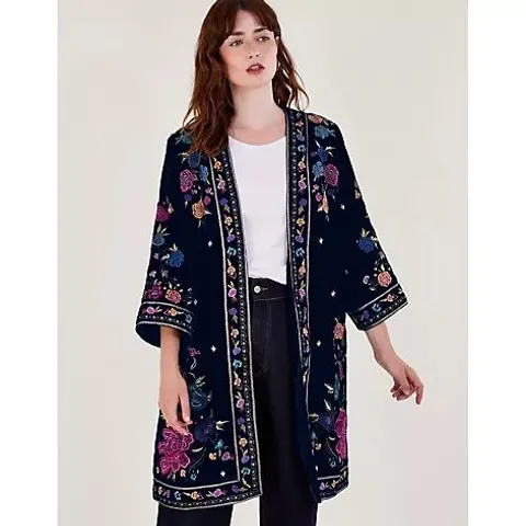 MONSOON FREYA BRIGHT FLORAL VELVET KIMONO IN MIDNIGHT SIZE MEDIUM