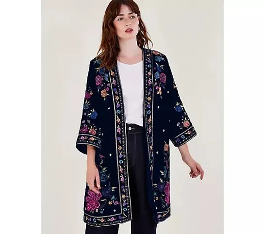 MONSOON FREYA BRIGHT FLORAL VELVET KIMONO IN MIDNIGHT SIZE MEDIUM