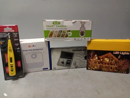 BOX OF APPROXIMATELY 10 ASSORTED ITEMS TO INCLUDE - SMART WIFI CAMERA , DEKTON DIGITAL VOLTAGE TESTER , LED LIGHTS ETC