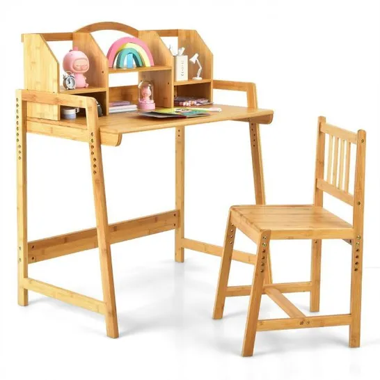 BOXED COSTWAY KIDS DESK AND CHAIR SET BAMBOO CHILDREN STUDY TABLE & CHAIR SET W/ BOOKSHELF