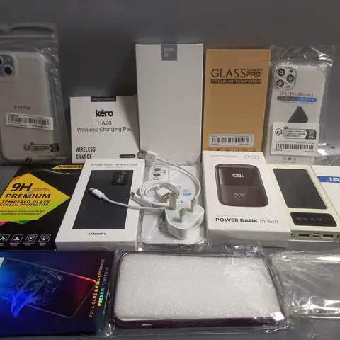 APPROXIMATELY 20 ASSORTED PHONE ACCESSORIES AND ELECTRICALS TO INCLUDE TEMPERED GLASS SCREEN PROTECTORS, POWER BANKS, PHONE CHARGERS, ETC