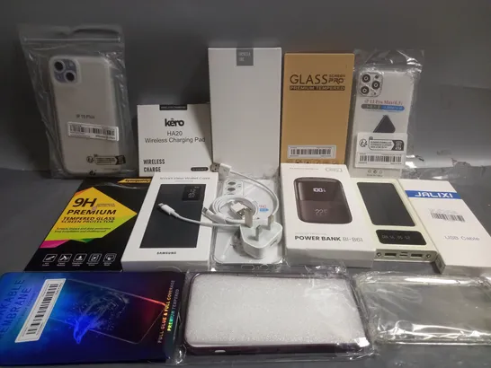 APPROXIMATELY 20 ASSORTED PHONE ACCESSORIES AND ELECTRICALS TO INCLUDE TEMPERED GLASS SCREEN PROTECTORS, POWER BANKS, PHONE CHARGERS, ETC