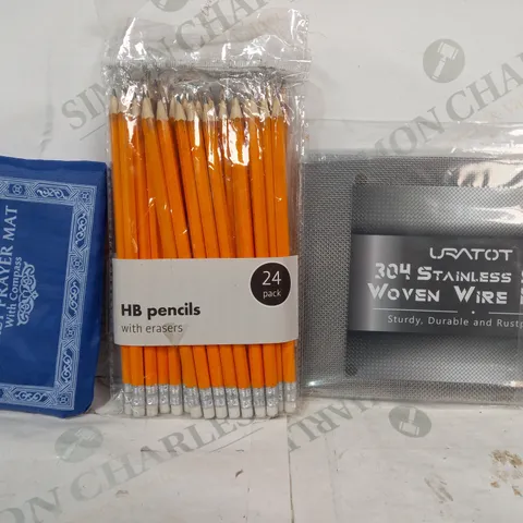 LOT OF APPROXIMATELY 10 ASSORTED HOUSEHOLD ITEMS TO INCLUDE STEEL WOVEN WIRE MESH, HB PENCILS, POCKET PRAYER MAT, ETC