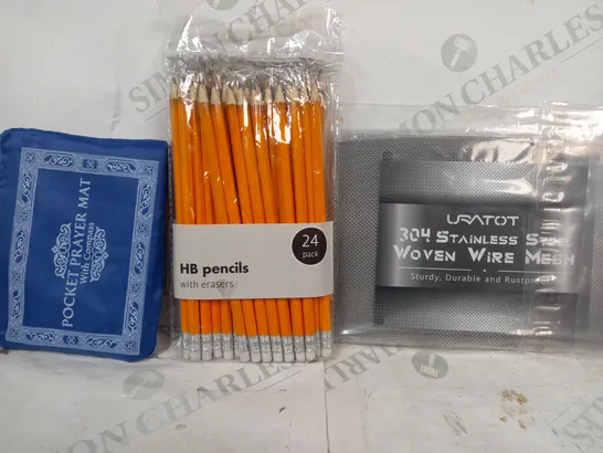 LOT OF APPROXIMATELY 10 ASSORTED HOUSEHOLD ITEMS TO INCLUDE STEEL WOVEN WIRE MESH, HB PENCILS, POCKET PRAYER MAT, ETC