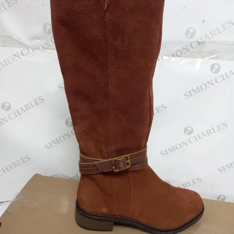 BOXED CLARKS MAY SHINE DARK TAN SUEDE KNEE BOOTS