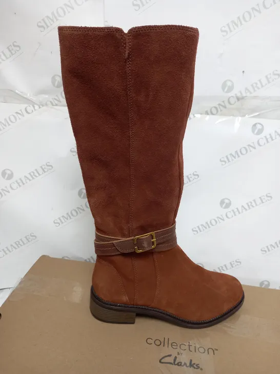 BOXED CLARKS MAY SHINE DARK TAN SUEDE KNEE BOOTS