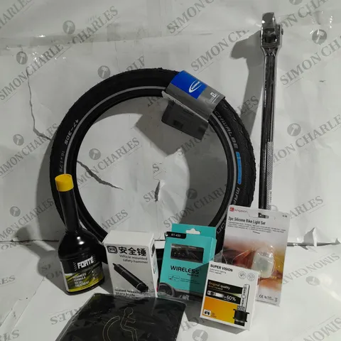 APPROXIMATELY 20 ASSORTED ITEMS TO INCLUDE SCHWALBE MARATHON 47-305 E-BIKE TYRE, TOOLZONE 3/4 INCH DRIVE BREAKER BAR, FORTE ADVANCED FORMULA DIESEL TREATMENT, SILICONE BIKE LIGHT SET ETC.