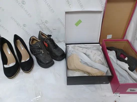 LARGE BOX OF APPROXIMATELY 10 ASSORTED BOXED AND UNBOXED SHOES TO INCLUDE BOOTS AND HEELS ETC.