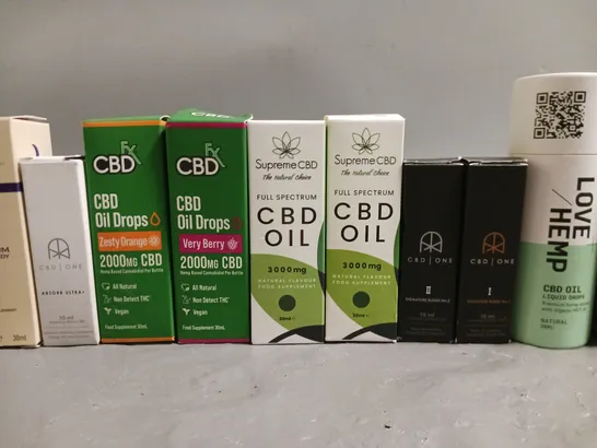 LOT OF 10 ASSORTED CBD OILS AND DROPS IN VARING SIZES AND STRENGHS