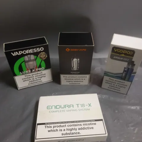 APPROXIMATELY 20 BOXED E-CIGARETTES TO INCLUDE VOOPOO, VAPORESSO, GEEK VAPE ETC 