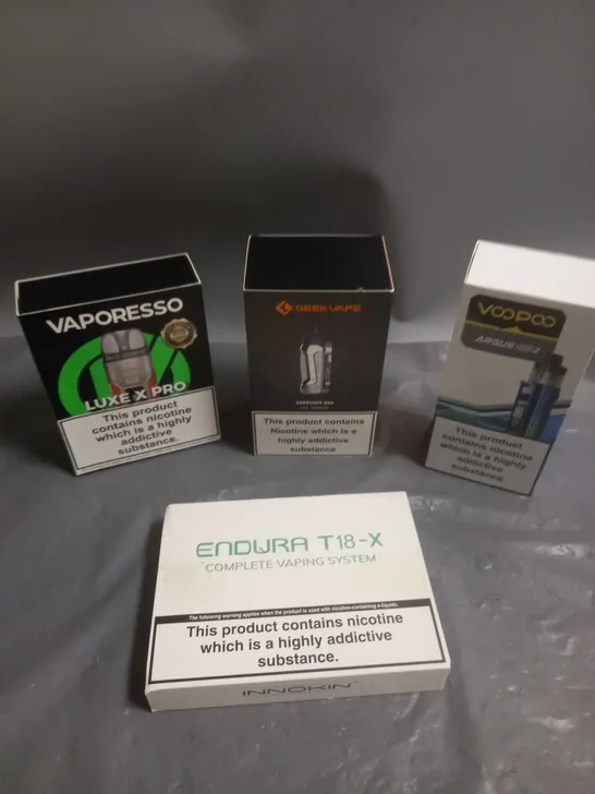 APPROXIMATELY 20 BOXED E-CIGARETTES TO INCLUDE VOOPOO, VAPORESSO, GEEK VAPE ETC 