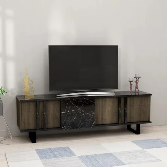 BOXED FIDO TV STAND WITH CABINET SHELVES - WALNUT & BLACK MARBLE EFFECT (1 BOX)