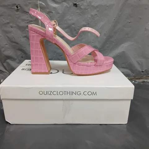 QUIZ PINK CROCODILE CROSS STRAP PLATFORM HEELED SANDAL