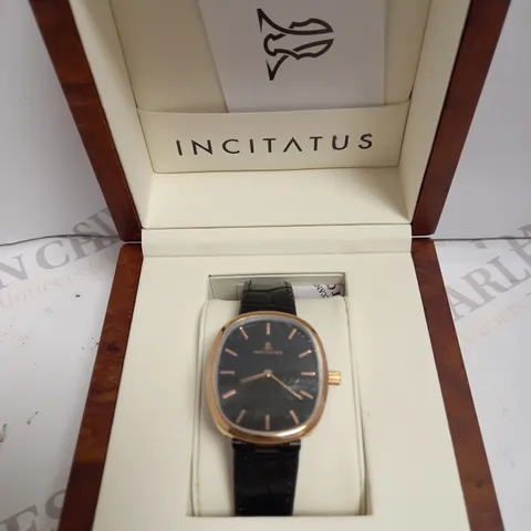 INCITATUS ROSE GOLD EFFECT WATCH WITH BLACK LEATHER STRAP