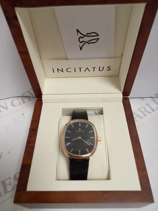 INCITATUS ROSE GOLD EFFECT WATCH WITH BLACK LEATHER STRAP