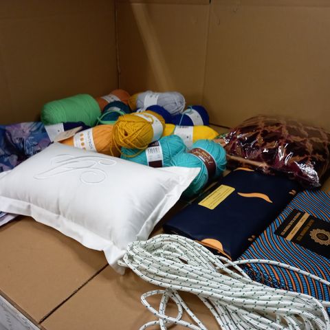 LARGE BOX OF APPROXIMATELY 20 FABRIC RELATE HOUSEHOLD ITEMS TO INCLUDE: WOOL, ROPE, FABRIC