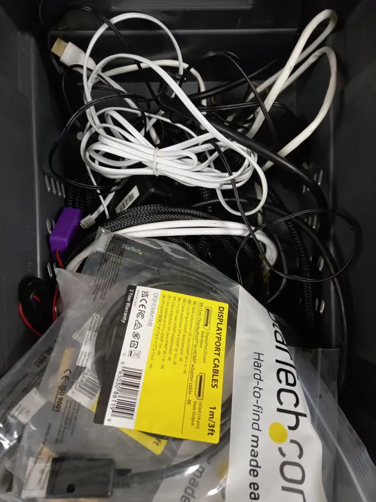 BOX OF APPROXIMATELY 15 ASSORTED HOUSEHOLD ELECTRICAL ITEMS TO INCLUDE BT WIFI DISK, HDMI CABLES, DISPLAY PORT CABLE ETC 