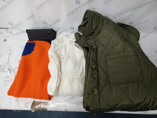 BOX OF APPROX. 20 ASSORTED CLOTHING ITEMS TO INCLUDE CENTI OLIVE COAT, WYNNE LAYERS JUMPER, SUNGLASSES WITH CASE