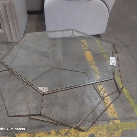 DESIGNER OCTAGONAL METAL FRAMED GLASS TOP COFFEE TABLE