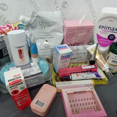 APPROXIMATELY 20 ASSORTED COSMETICS ITEMS TO INCLUDE EPIMAX ORIGINAL CREAM (500g), N07 HYDRALUMINOUS MOISTURISNG FOUNDATION (30ml), LOREAL PARIS ANTI-UV FLUID (50ml), ETC