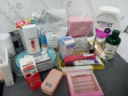 APPROXIMATELY 20 ASSORTED COSMETICS ITEMS TO INCLUDE EPIMAX ORIGINAL CREAM (500g), N07 HYDRALUMINOUS MOISTURISNG FOUNDATION (30ml), LOREAL PARIS ANTI-UV FLUID (50ml), ETC