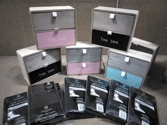 LOT CONTAINING 6 TEA BOXES AND 12 PACKS OF LUXURY PILLOW CASES