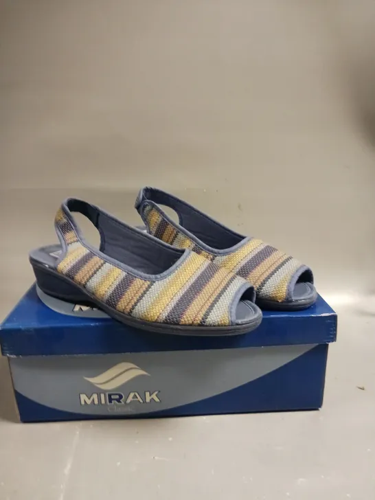 BOXED PAIR OF MIRAK CLASSIC OPEN TOE SLIP ON SANDLES IN BLUE - SIZE 5