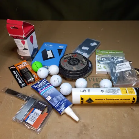 LOT OF APPROXIMATEY 15 ITEMS TO INCLUDE TITLEIST GOLF BALLS, EVERBUILD SILICONE 825 SEALANT, TOOLZONE 4" ENGINEERS SQUARE, ETC