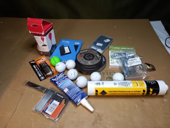 LOT OF APPROXIMATEY 15 ITEMS TO INCLUDE TITLEIST GOLF BALLS, EVERBUILD SILICONE 825 SEALANT, TOOLZONE 4" ENGINEERS SQUARE, ETC