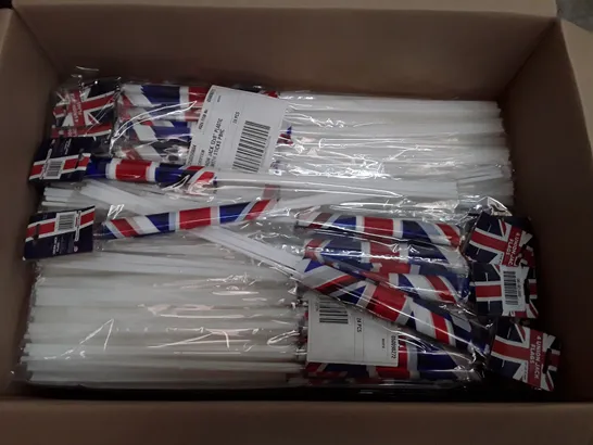 BOX CONTAINING APPROXIMATELY 16 PACKS EACH CONTAINING 24 BRAND NEW UNION JACK FLAGS ON STICKS