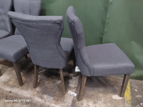 SET OF FOUR BUTTONED BACK UPHOLSTERED DINING CHAIRS CHARCOAL FABRIC ON SILVERED LEGS